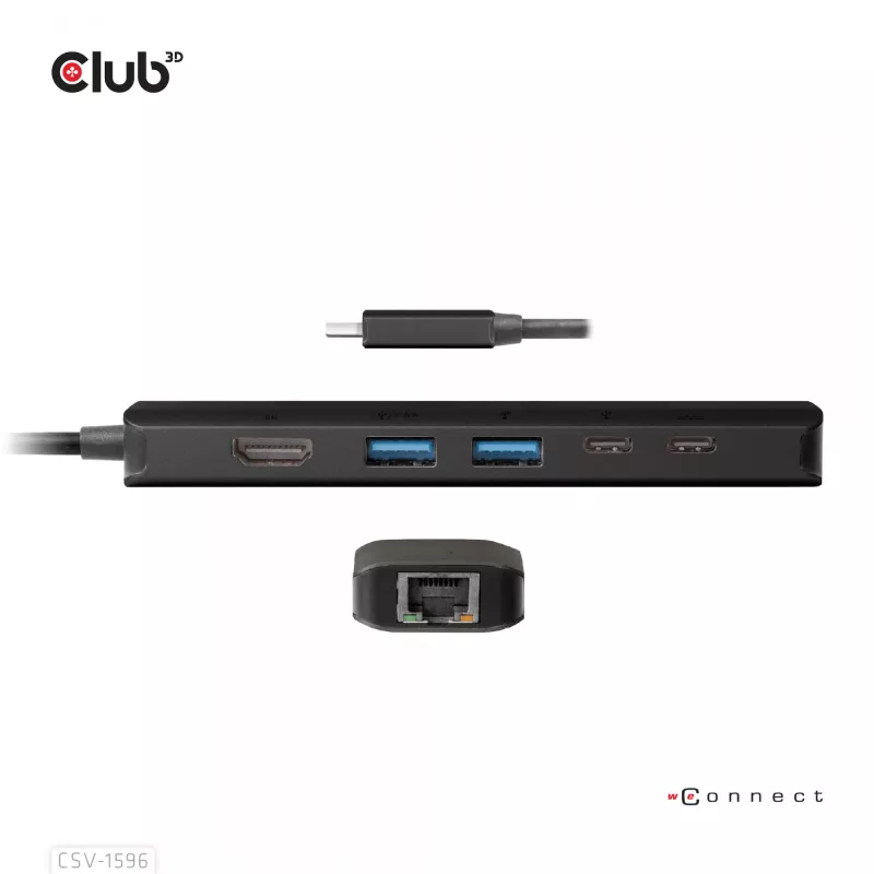 CLUB3D USB Gen1 Type-C, 6-w-1 Hub z HDMI 8K30Hz, 2xUSB Type-A, RJ45 i 2xUSB Type-C, dane i ładowanie PD 100 wat
