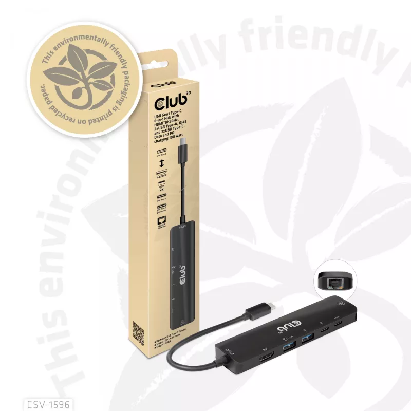 CLUB3D USB Gen1 Type-C, 6-w-1 Hub z HDMI 8K30Hz, 2xUSB Type-A, RJ45 i 2xUSB Type-C, dane i ładowanie PD 100 wat