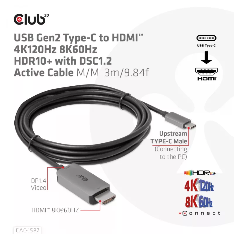CLUB3D USB Gen2 Type-C do HDMI 4K120Hz 8K60Hz HDR10 z DSC1.2 aktywny kabel M/M 3m / 9.84ft