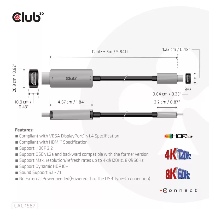 CLUB3D USB Gen2 Type-C do HDMI 4K120Hz 8K60Hz HDR10 z DSC1.2 aktywny kabel M/M 3m / 9.84ft