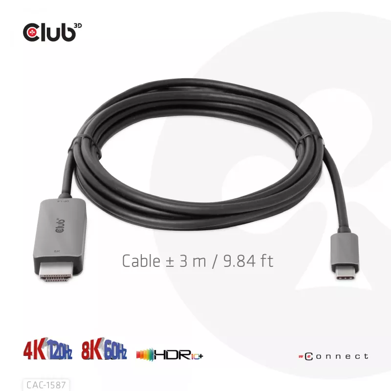 CLUB3D USB Gen2 Type-C do HDMI 4K120Hz 8K60Hz HDR10 z DSC1.2 aktywny kabel M/M 3m / 9.84ft