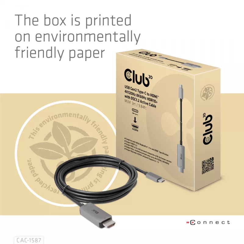 CLUB3D USB Gen2 Type-C do HDMI 4K120Hz 8K60Hz HDR10 z DSC1.2 aktywny kabel M/M 3m / 9.84ft
