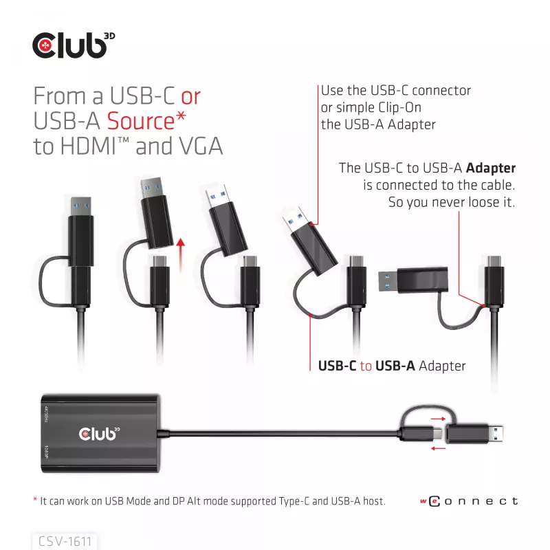 CLUB3D USB Gen1 Type-C/-A to Dual HDMI (4K/30Hz) / VGA (1080/60Hz)