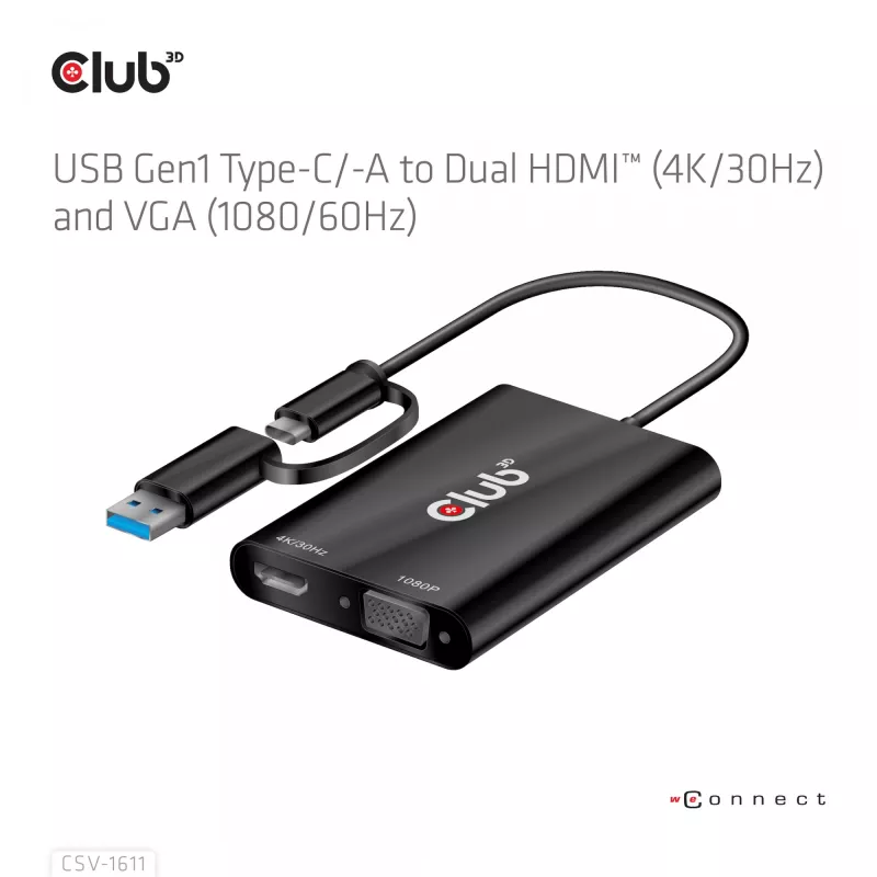 CLUB3D USB Gen1 Type-C/-A to Dual HDMI (4K/30Hz) / VGA (1080/60Hz)