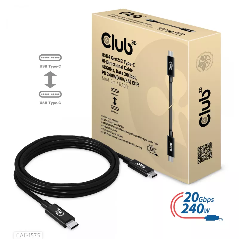 Kabel CLUB3D USB4 Gen2x2 Type-C dwukierunkowy 4K60Hz, dane 20Gbps, PD 240W (48V/5A) EPR M/M 2m