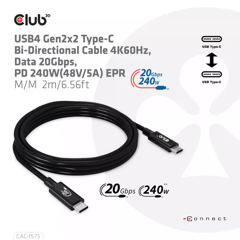 Kabel CLUB3D USB4 Gen2x2 Type-C dwukierunkowy 4K60Hz, dane 20Gbps, PD 240W (48V/5A) EPR M/M 2m