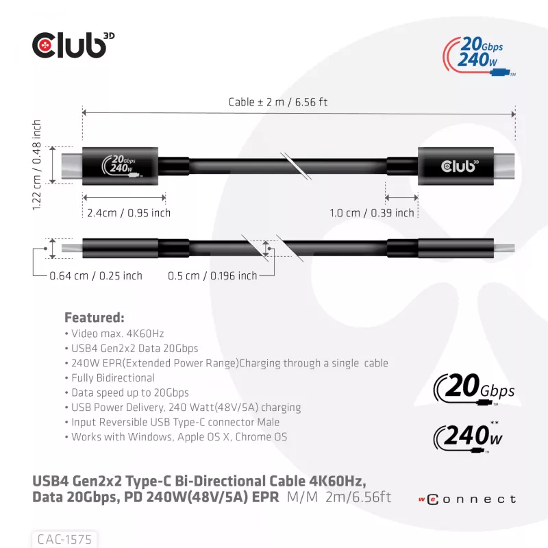 Kabel CLUB3D USB4 Gen2x2 Type-C dwukierunkowy 4K60Hz, dane 20Gbps, PD 240W (48V/5A) EPR M/M 2m