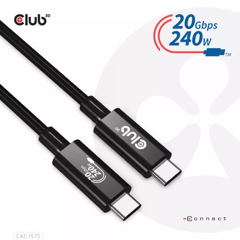 Kabel CLUB3D USB4 Gen2x2 Type-C dwukierunkowy 4K60Hz, dane 20Gbps, PD 240W (48V/5A) EPR M/M 2m