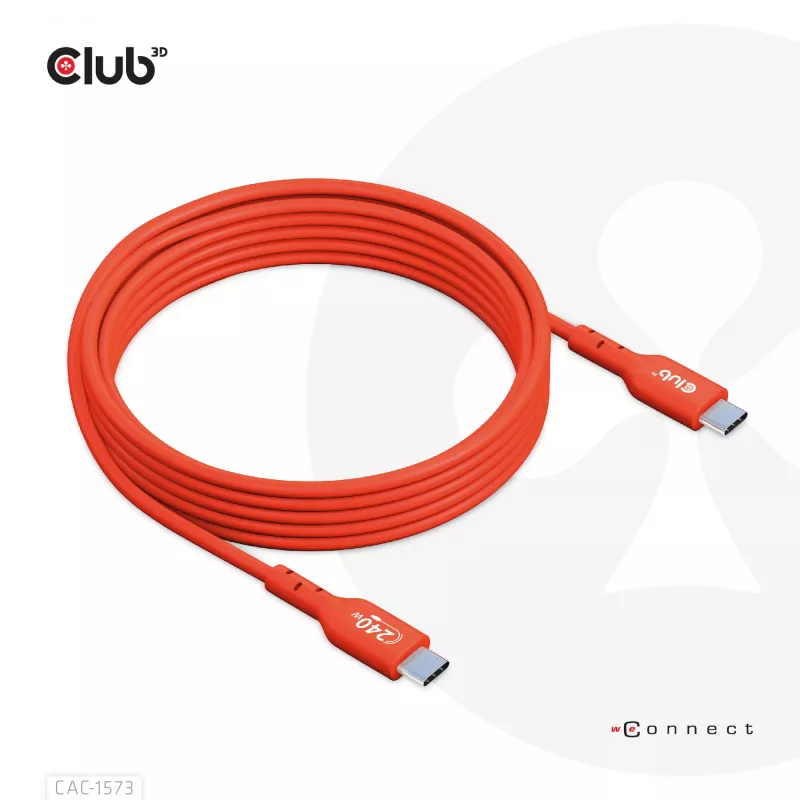 Kabel dwukierunkowy USB-C do USB-C CLUB3D CAC-1573, USB4 Gen 2x2, 2 m, czerwony, PD do 240 W