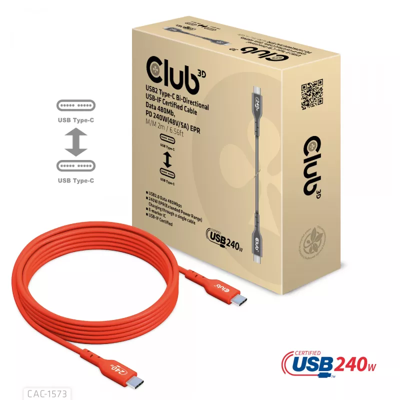 Kabel dwukierunkowy USB-C do USB-C CLUB3D CAC-1573, USB4 Gen 2x2, 2 m, czerwony, PD do 240 W