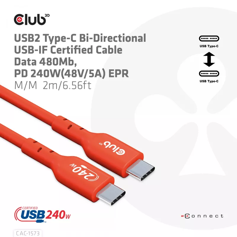 Kabel dwukierunkowy USB-C do USB-C CLUB3D CAC-1573, USB4 Gen 2x2, 2 m, czerwony, PD do 240 W