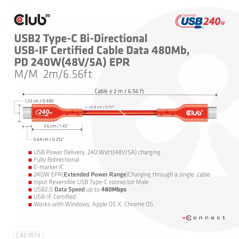 Kabel dwukierunkowy USB-C do USB-C CLUB3D CAC-1573, USB4 Gen 2x2, 2 m, czerwony, PD do 240 W