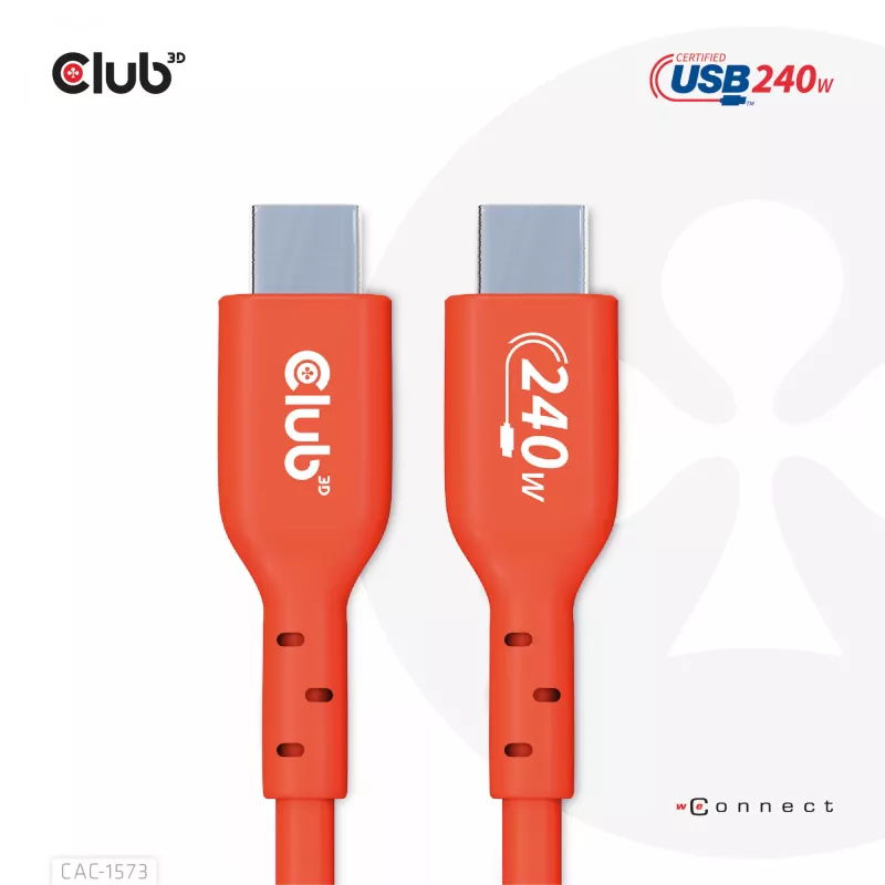 Kabel dwukierunkowy USB-C do USB-C CLUB3D CAC-1573, USB4 Gen 2x2, 2 m, czerwony, PD do 240 W