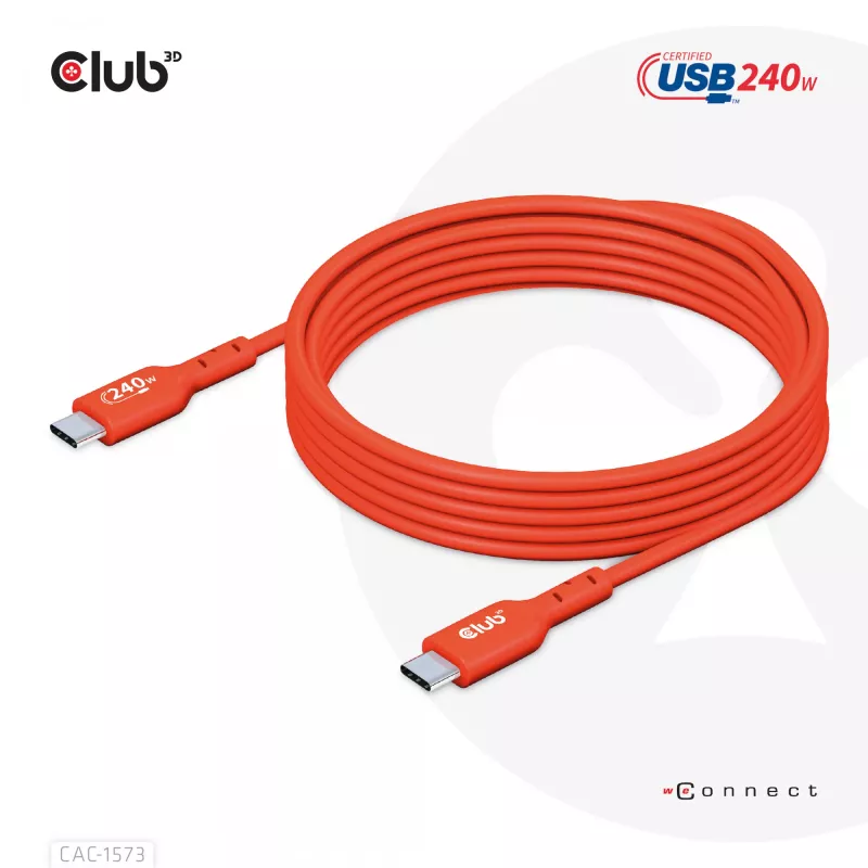 Kabel dwukierunkowy USB-C do USB-C CLUB3D CAC-1573, USB4 Gen 2x2, 2 m, czerwony, PD do 240 W