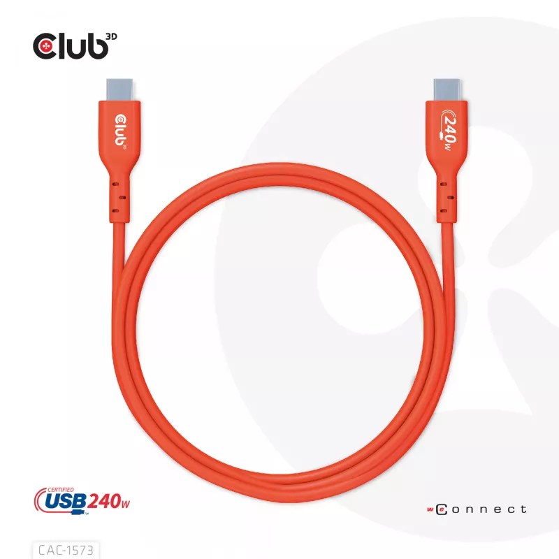 Kabel dwukierunkowy USB-C do USB-C CLUB3D CAC-1573, USB4 Gen 2x2, 2 m, czerwony, PD do 240 W