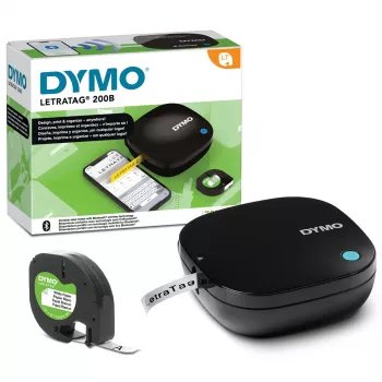 Drukarka etykiet DYMO LetraTag 200B Bluetooth | Kompaktowa drukarka etykiet | Łączy się przez bezprzewodową technologię Bluetooth z iOS i Android | Zawiera 1 białą papierową taśmę etykietową | Czarna