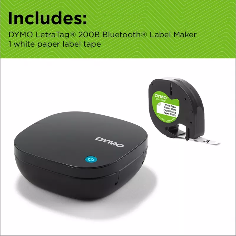 Drukarka etykiet DYMO LetraTag 200B Bluetooth | Kompaktowa drukarka etykiet | Łączy się przez bezprzewodową technologię Bluetooth z iOS i Android | Zawiera 1 białą papierową taśmę etykietową | Czarna