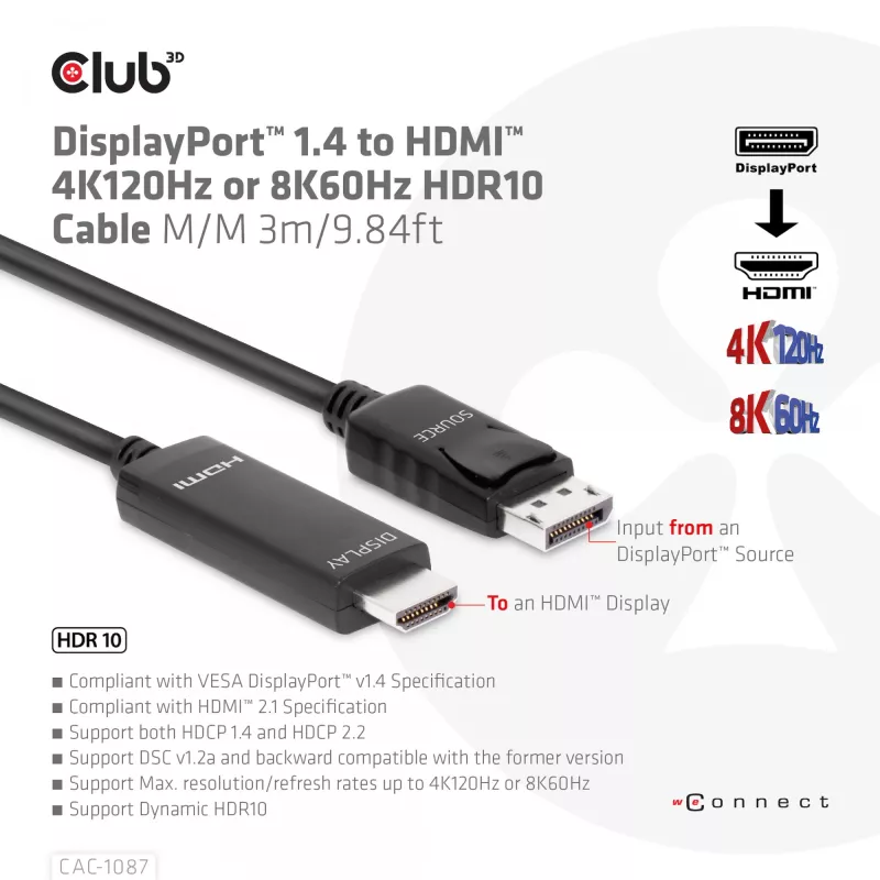 CLUB3D DisplayPort 1.4 do HDMI 4K120Hz lub 8K60Hz HDR10 Kabel M/M 3m