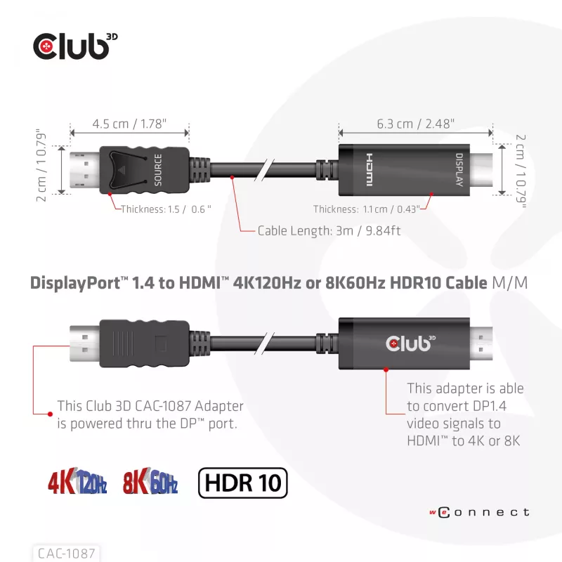 CLUB3D DisplayPort 1.4 do HDMI 4K120Hz lub 8K60Hz HDR10 Kabel M/M 3m