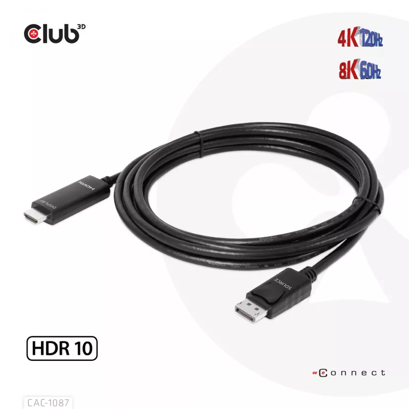 CLUB3D DisplayPort 1.4 do HDMI 4K120Hz lub 8K60Hz HDR10 Kabel M/M 3m