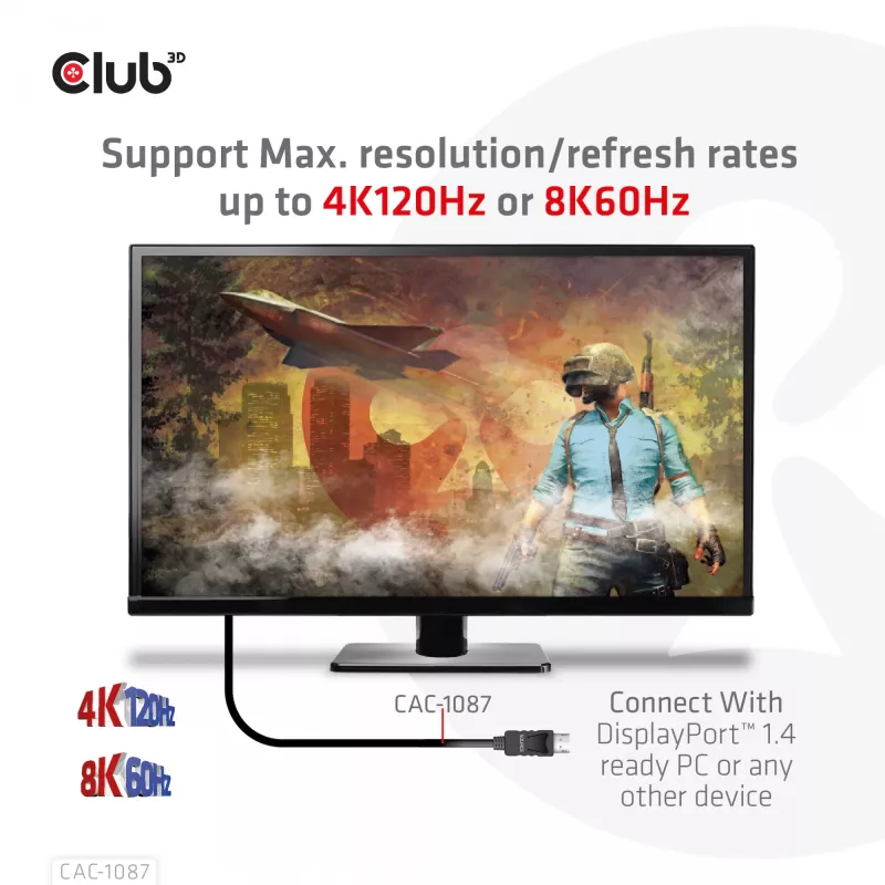 CLUB3D DisplayPort 1.4 do HDMI 4K120Hz lub 8K60Hz HDR10 Kabel M/M 3m