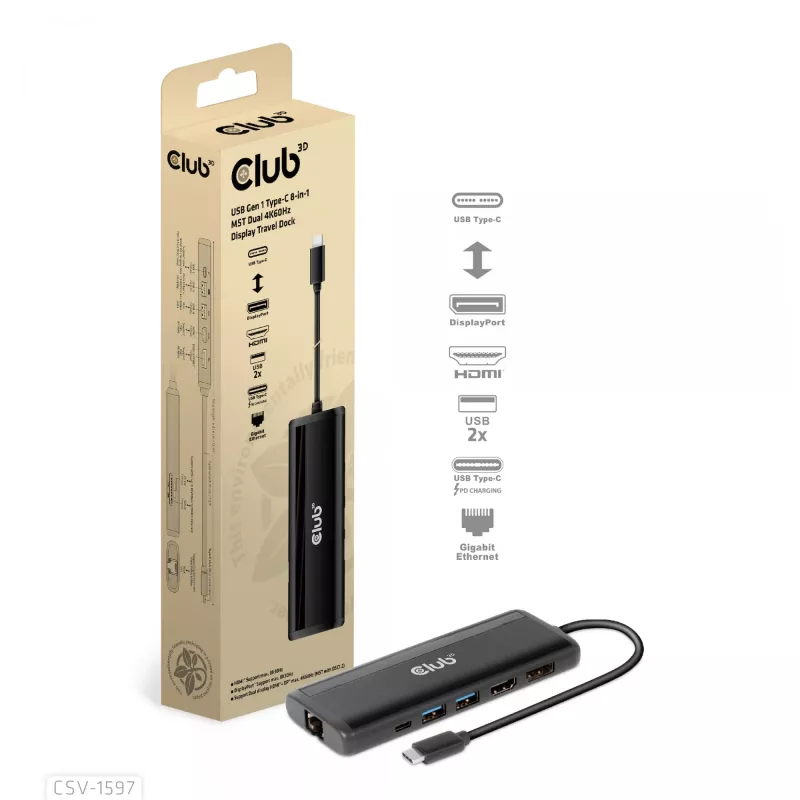 CLUB3D USB Gen 1 Type-C 8-w-1 MST Dual 4K60Hz Display Travel Dock