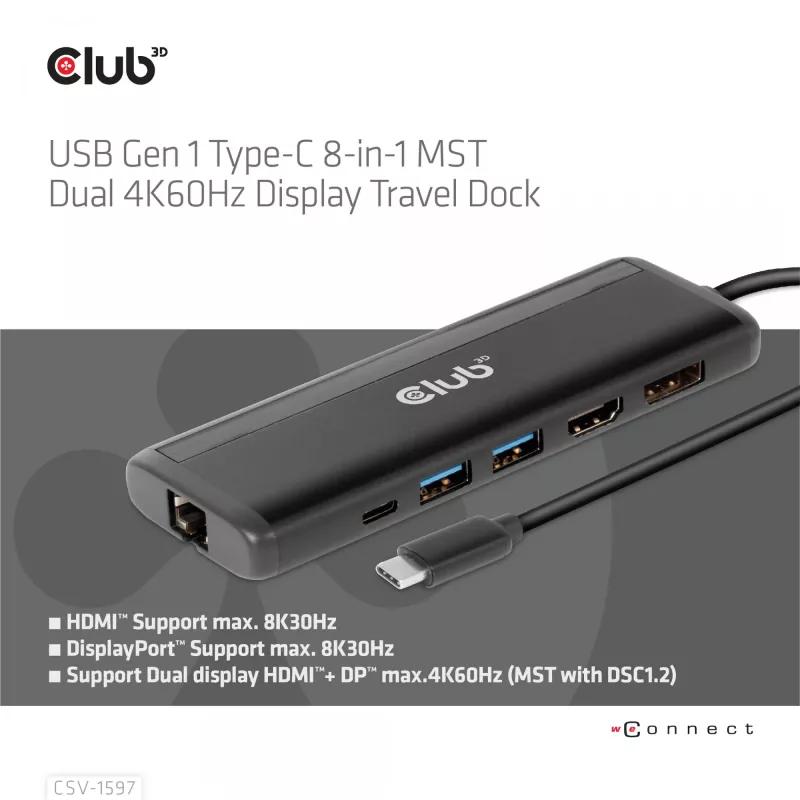 CLUB3D USB Gen 1 Type-C 8-w-1 MST Dual 4K60Hz Display Travel Dock