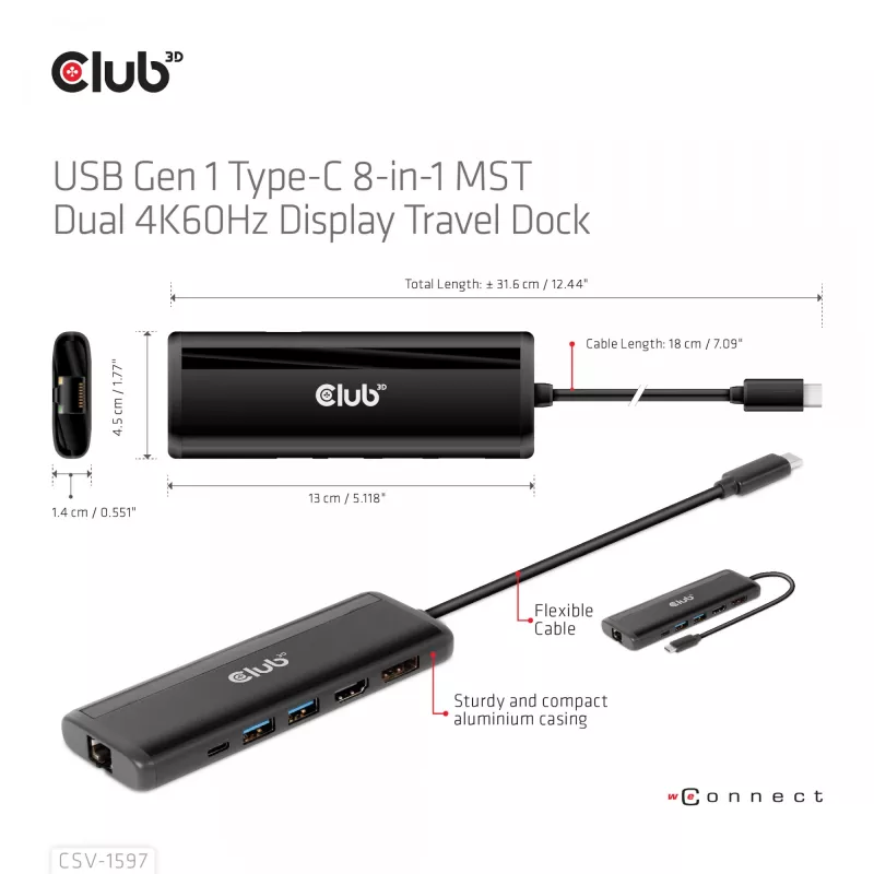 CLUB3D USB Gen 1 Type-C 8-w-1 MST Dual 4K60Hz Display Travel Dock