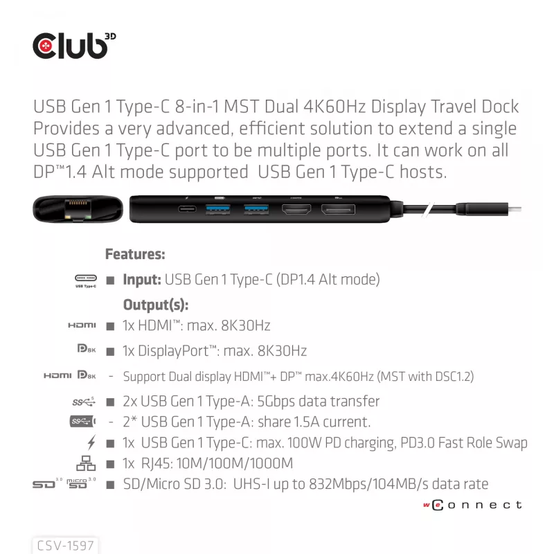 CLUB3D USB Gen 1 Type-C 8-w-1 MST Dual 4K60Hz Display Travel Dock