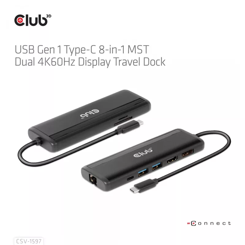 CLUB3D USB Gen 1 Type-C 8-w-1 MST Dual 4K60Hz Display Travel Dock