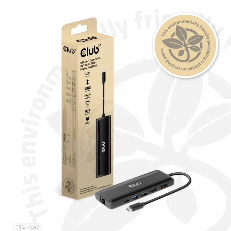 CLUB3D USB Gen 1 Type-C 8-w-1 MST Dual 4K60Hz Display Travel Dock