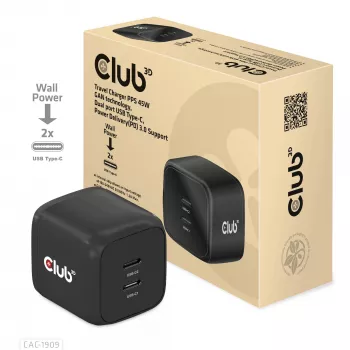 CLUB3D Ładowarka podróżna PPS 45W z technologią GaN, podwójny port USB Type-C, obsługa Power Delivery (PD) 3.0