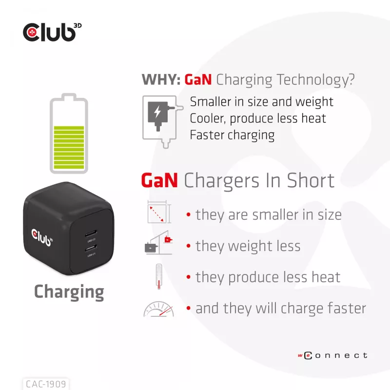 CLUB3D Ładowarka podróżna PPS 45W z technologią GaN, podwójny port USB Type-C, obsługa Power Delivery (PD) 3.0