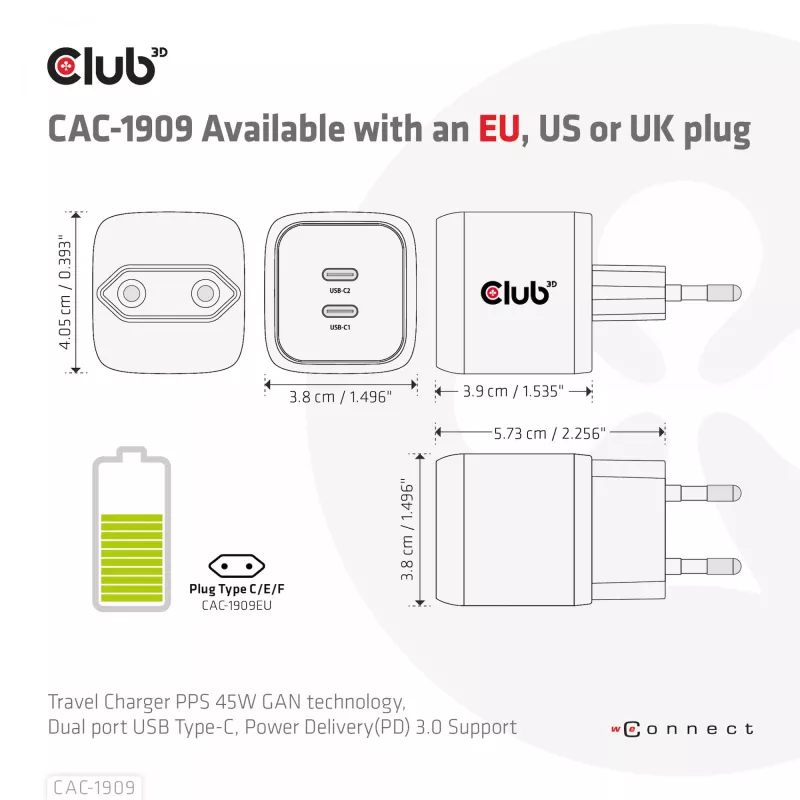 CLUB3D Ładowarka podróżna PPS 45W z technologią GaN, podwójny port USB Type-C, obsługa Power Delivery (PD) 3.0