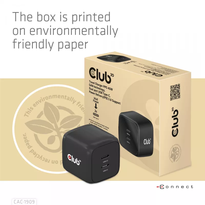 CLUB3D Ładowarka podróżna PPS 45W z technologią GaN, podwójny port USB Type-C, obsługa Power Delivery (PD) 3.0