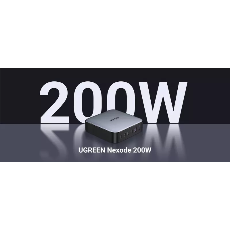 Ugreen 40914 Nexode 200W GaN ładowarka biurkowa USB-C USB-A, do użytku wewnętrznego, AC, 21 V, 5 A, 2 m, czarny, szary