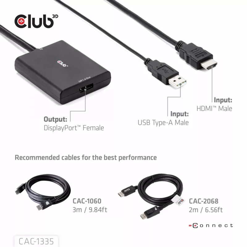 CLUB3D HDMI + Micro USB to DisplayPort™ 4K120Hz lub 8K30Hz M/F aktywny adapter
