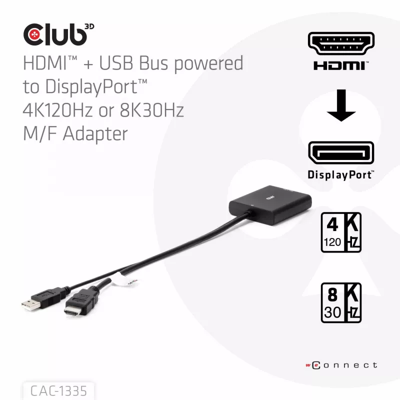 CLUB3D HDMI + Micro USB to DisplayPort™ 4K120Hz lub 8K30Hz M/F aktywny adapter
