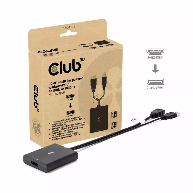 CLUB3D HDMI + Micro USB to DisplayPort™ 4K120Hz lub 8K30Hz M/F aktywny adapter