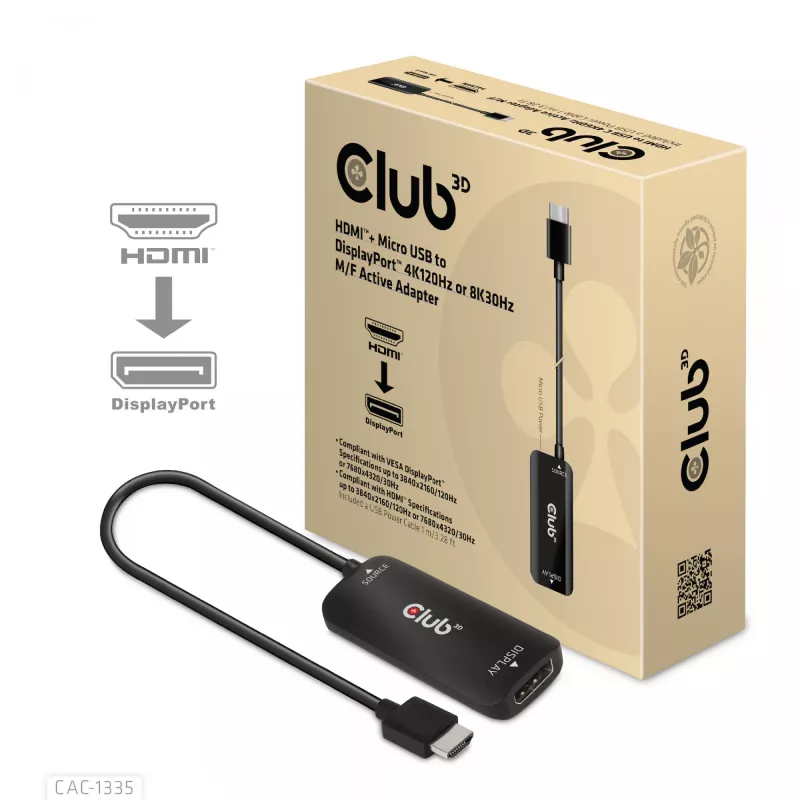 CLUB3D HDMI + Micro USB to DisplayPort™ 4K120Hz lub 8K30Hz M/F aktywny adapter