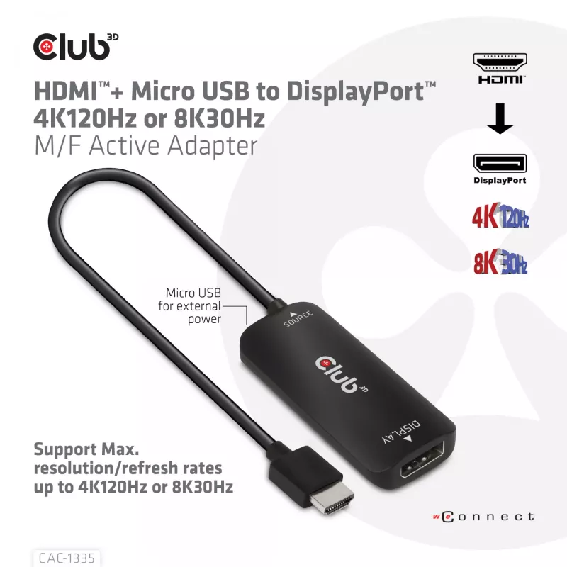 CLUB3D HDMI + Micro USB to DisplayPort™ 4K120Hz lub 8K30Hz M/F aktywny adapter
