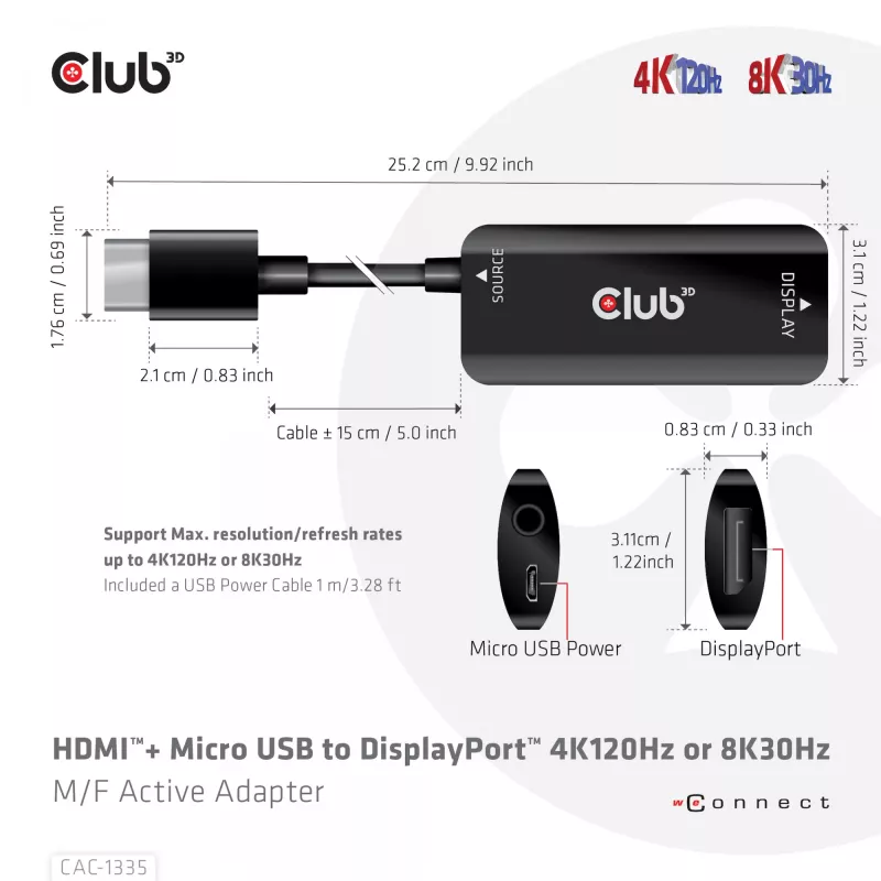 CLUB3D HDMI + Micro USB to DisplayPort™ 4K120Hz lub 8K30Hz M/F aktywny adapter