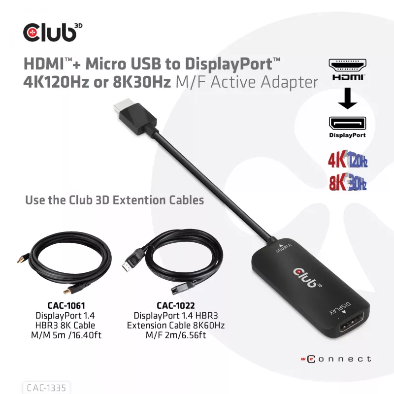 CLUB3D HDMI + Micro USB to DisplayPort™ 4K120Hz lub 8K30Hz M/F aktywny adapter