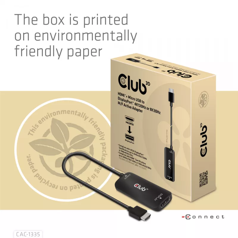 CLUB3D HDMI + Micro USB to DisplayPort™ 4K120Hz lub 8K30Hz M/F aktywny adapter