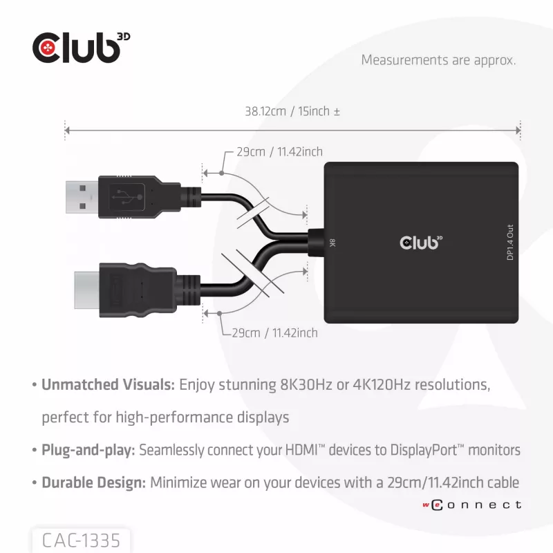 CLUB3D HDMI + Micro USB to DisplayPort™ 4K120Hz lub 8K30Hz M/F aktywny adapter