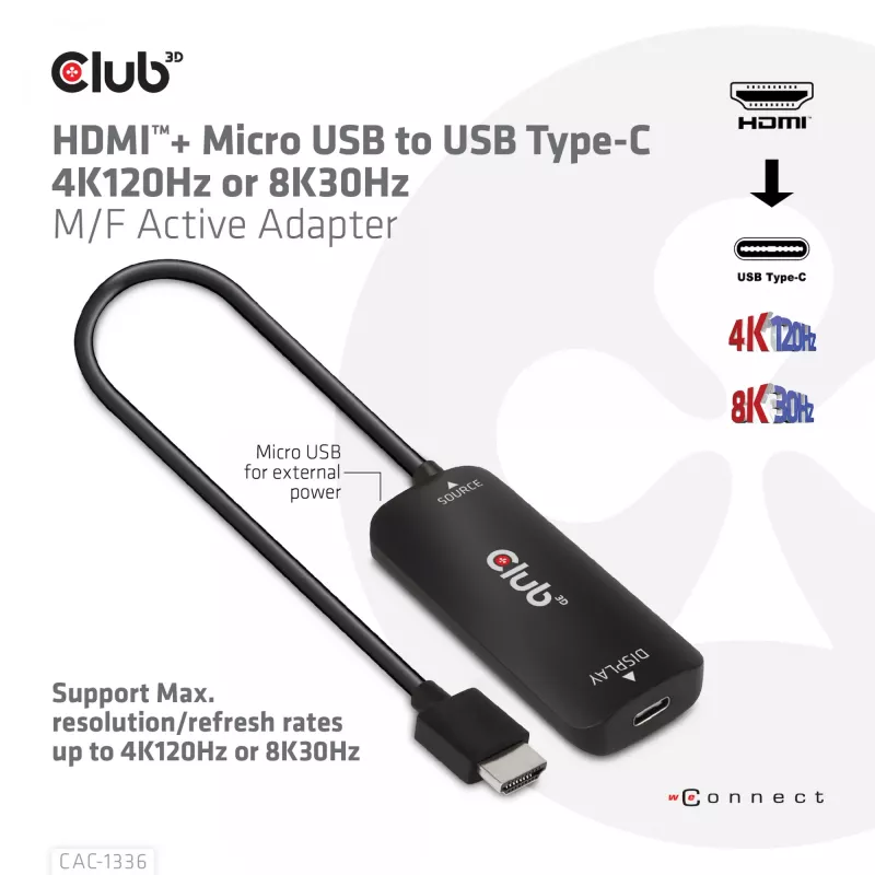 CLUB3D HDMI + Micro USB na USB Type-C 4K120Hz lub 8K30Hz M/F Adapter aktywny