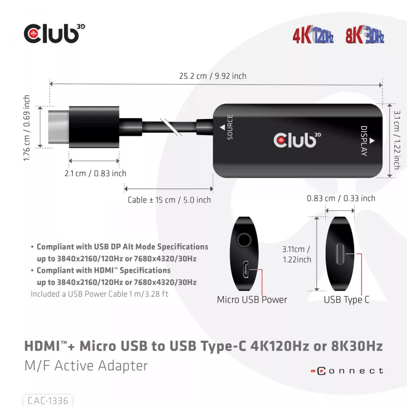 CLUB3D HDMI + Micro USB na USB Type-C 4K120Hz lub 8K30Hz M/F Adapter aktywny