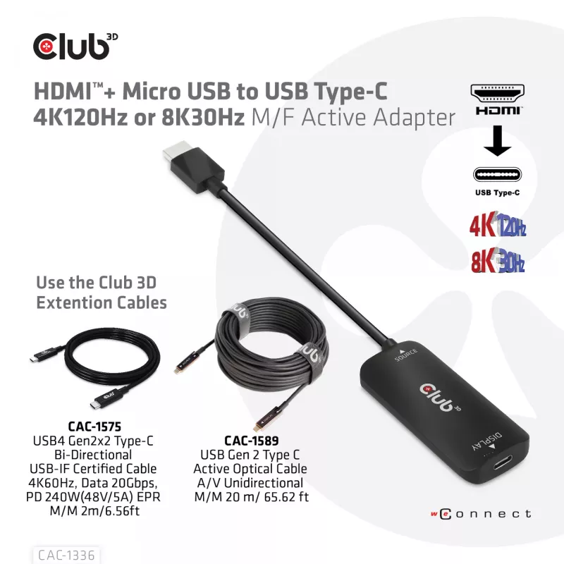 CLUB3D HDMI + Micro USB na USB Type-C 4K120Hz lub 8K30Hz M/F Adapter aktywny