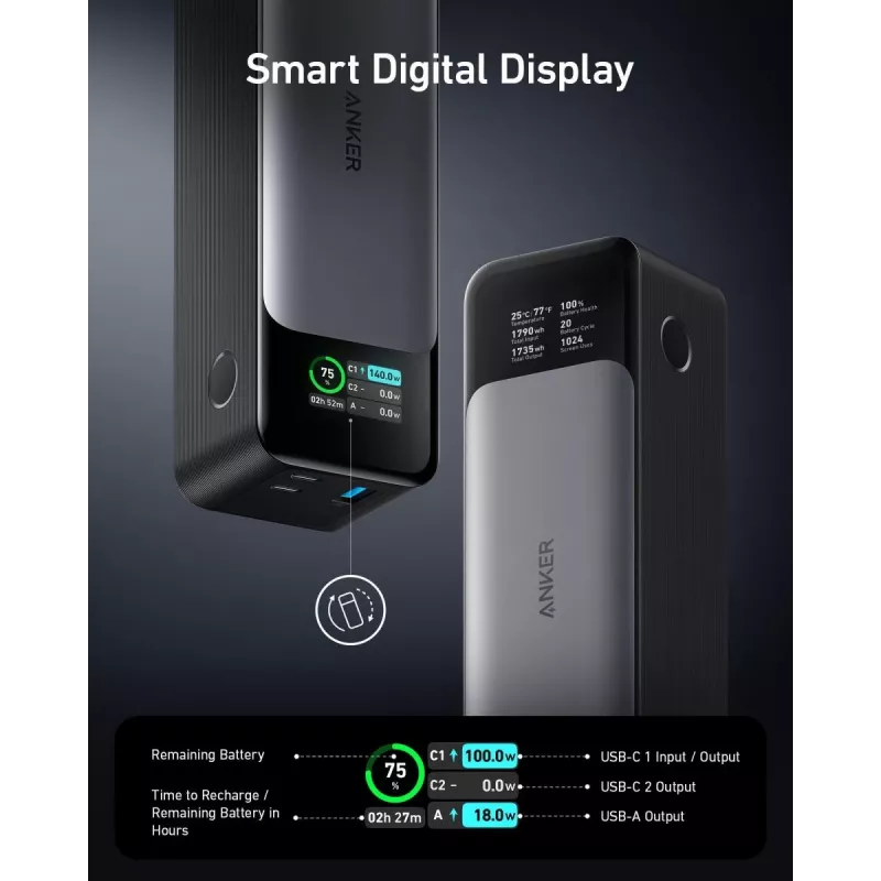 Przenośna ładowarka Anker 737 (A1289011) — 24000 mAh, 140 W, 2× USB-C + 1× USB-A, srebrno-czarna