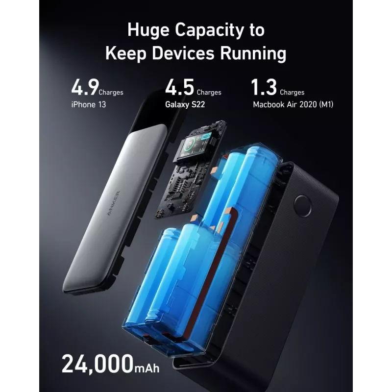 Przenośna ładowarka Anker 737 (A1289011) — 24000 mAh, 140 W, 2× USB-C + 1× USB-A, srebrno-czarna